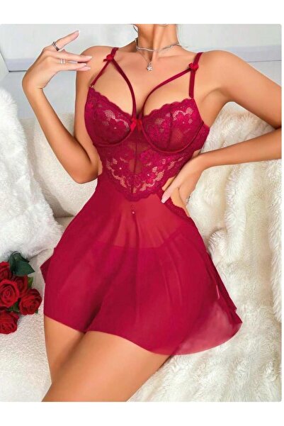 Bordo Dantelli Çapraz Dekolte Detaylı Dökümlü Tül Kadın Babydoll