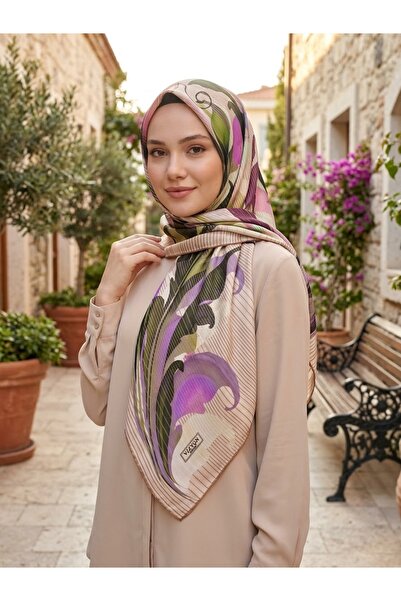 VİZYON Women's Patterned Silk Twill Scarf / Foulard - Green & Purple Patterne...