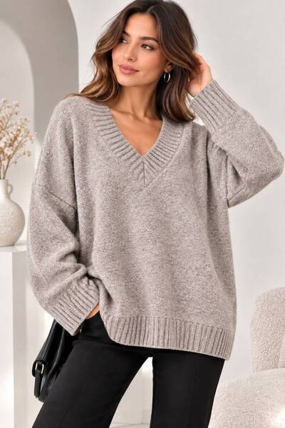 ikomteks Women's Oversize V-Neck Soft Textured Knitwear Sweater