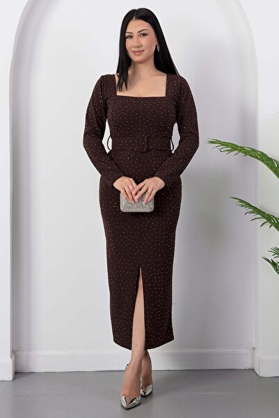 PULLIMM Square Neckline Front Slit Stoned Dress 2026-5004