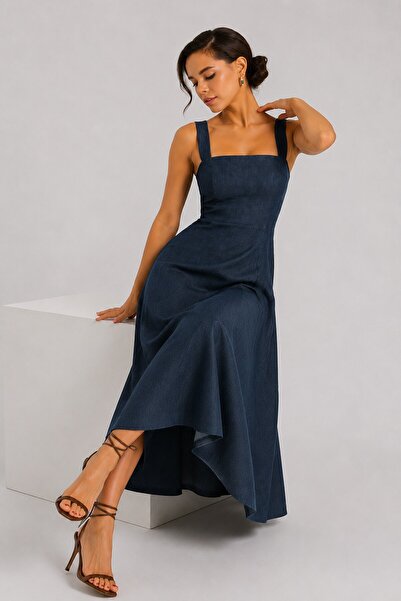 CARLA MARA Women's Navy Blue Square Neck Strappy Waist Fitted Flared Midi Dress