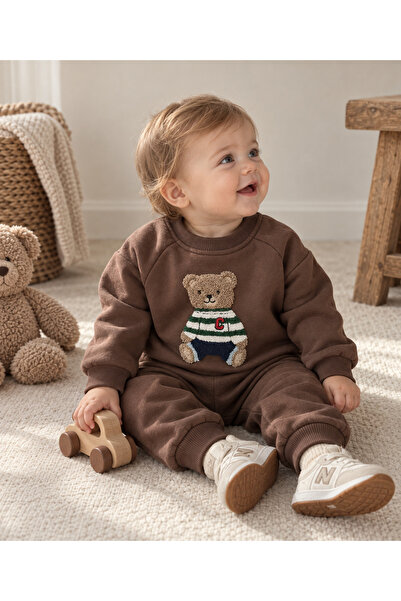 Mono Kids Bebek Ayıcık Nakışlı Şardonlu 2’li Sweatshirt Eşofman Takımı Kahver...