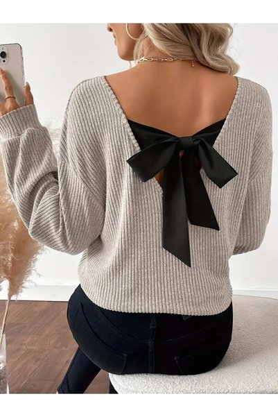 Generic Brand Women's Long-Sleeve V-Neck Open-Back Ribbon-Detail Fleece-Lined...