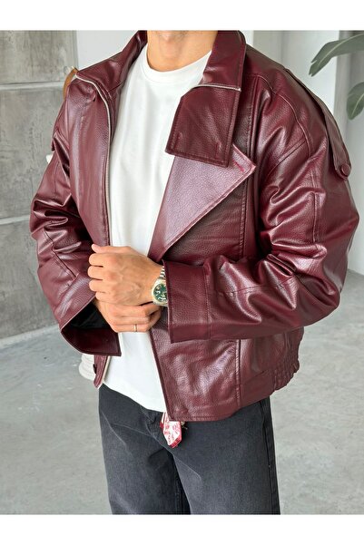 FO4RBS Vintage Double-Breasted Leather Coat S Burgundy