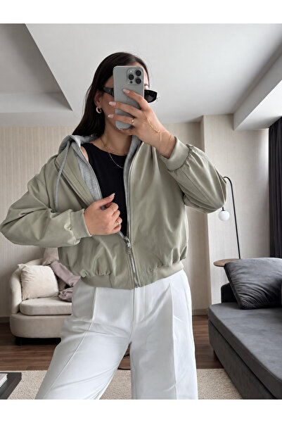 Ekim Store Gray Hooded Embroidered Zippered Bomber Jacket