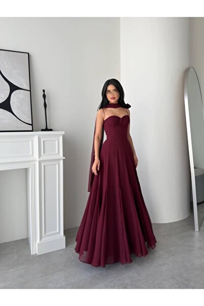 Generic Brand Burgundy Evening Gown with Corset Cut and Flowing Shawl
