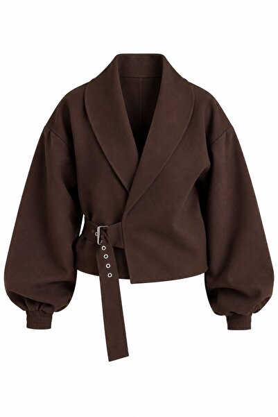 Laluvia Kahverengi Kendinden Kemerli Crop Ceket - 5169