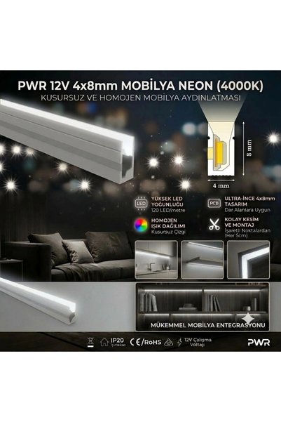 POWERR LED AYDINLATMA 12 Volt 4x8 mm Naturel Beyaz 4000 K Mobilya Gömme Neon ...