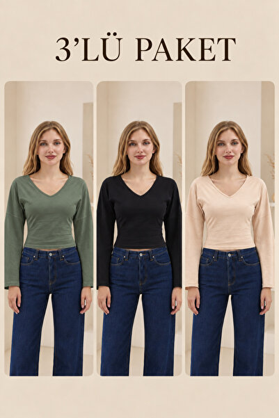 COMBİNE MİCHAİL Women's V-Neck Long Sleeve Tight 3-Piece Blouse