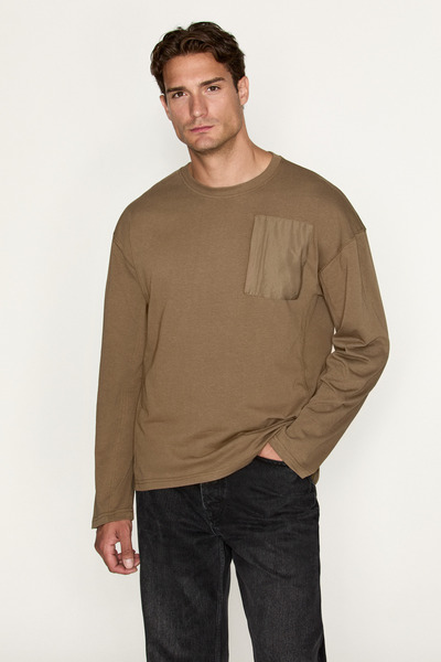 GRIMELANGE Salvo Men's Organic Cotton Pocket Long Sleeve Khaki T-Shirt