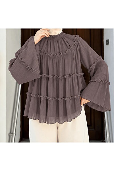 Hepsi Moda Piliseli Fırfır Detaylı Şık Bluz - Acı Kahve