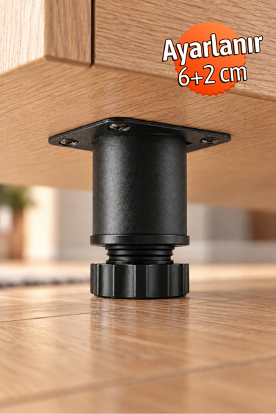 Badem10 Akça Mat Siyah Ayarlanabilir Metal Gövde 6 cm Mobilya Ayağı +2 cm Uza...