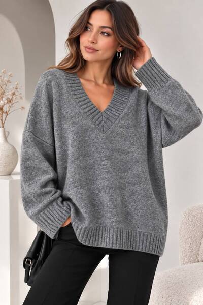 ikomteks Women's Oversize V-Neck Soft Textured Knitwear Sweater