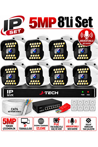 J-TECH K1021 5MP IP SESLİ Renkli Gece Görüşlü 8 Li Akıllı Güvenlik Kamera Set...