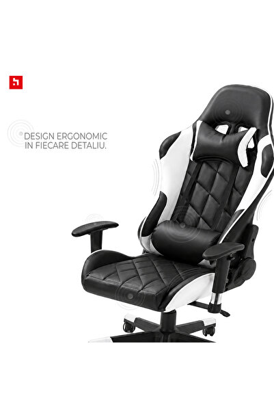 Kiwari Scaun de gaming Vector, 180 °   spătar rabatabil, cotiere 2D, perne lombare și cervicale, piele PU, negru/alb