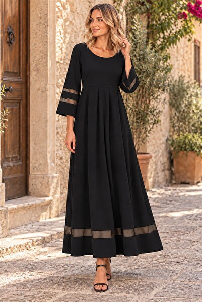 moda wanilia فستان نسائي طويل من قماش الكريب بثلاثة أرباع الأكمام وياقة على ش...