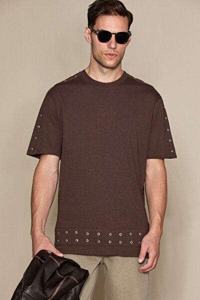 GRIMELANGE Melindro men's organic cotton stone wash relaxed fit brown t-shirt