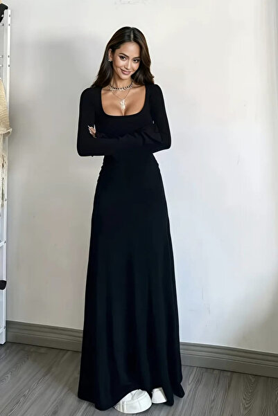 missamour Trendylady Kadın Siyah Kare Yaka Uzun Kollu Vücuda Oturan Likralı M...