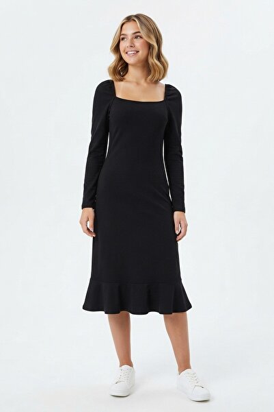 Şeker Portakalım Women's Square Neck Long Sleeve Dress with Ruffle Hem Stylis...