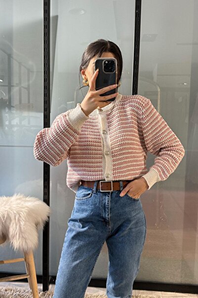 Noa&Noa Thin Striped Button Detail Cardigan Pink