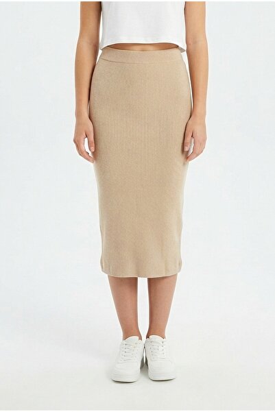 GurkStore Women's High Waist Ribbed Midi Length Beige Knitwear Comfortable Da...