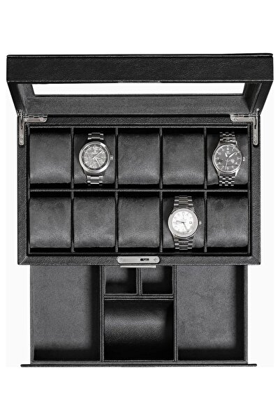 ROTHWELL 10-Eye Luxury Leather Watch Box with Drawer, Glass Cover, Lockable