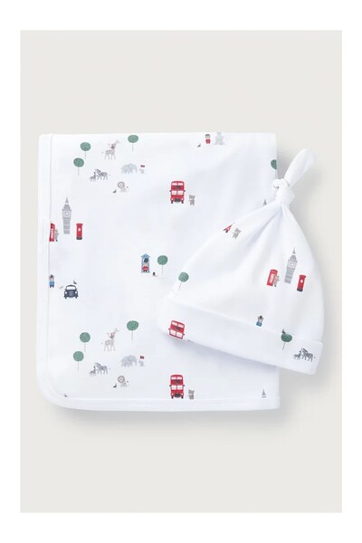 THE WHITE COMPANY Organic Cotton London Patterned Baby Blanket and Hat Set