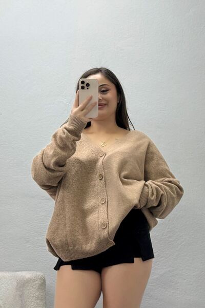 BELENDİR Women's V-Neck Buttoned Knitwear Cardigan Light Brown