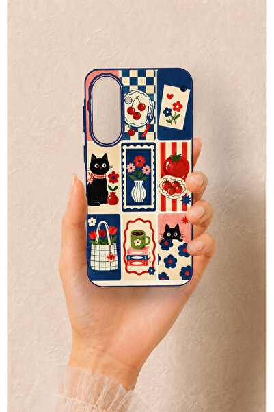 Vip Case Samsung A57 Uyumlu Sevimli Kedi ve Çiçek Desenli Silikon Kılıf