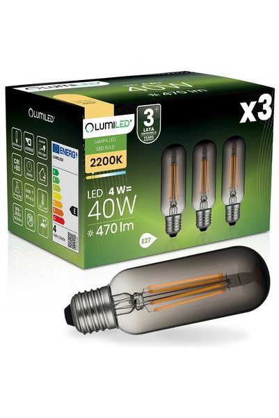 Lumiled 3x E27 T45 4W = 40W 470LM 2200K Caldă 360 Bec LED °   Filament Afumat