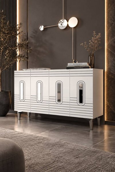 Modova Home 120MHK8BG LUNNA LAZER PLEKSİ DESEN KONSOL TV SEHPASI BEYAZ-GÜMÜŞ