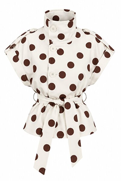 Laluvia Ecru Brown Epaulettes Polka Dot Belted Vest - 504364