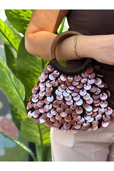BAGS Kahverengi pullu ahşap saplı çanta