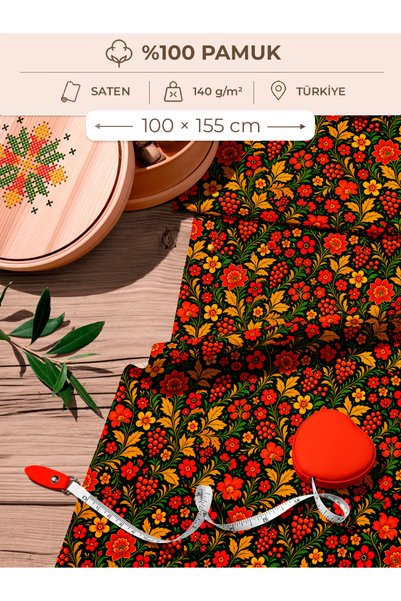 FabricMarket %100 Pamuk Saten Patchwork Kumaş – 155x100 cm – Geleneksel Çiçek...