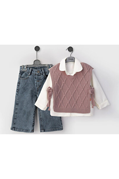 erayalpkids Girl's Pink Knitwear Vest, Shirt and Jeans Combination Set