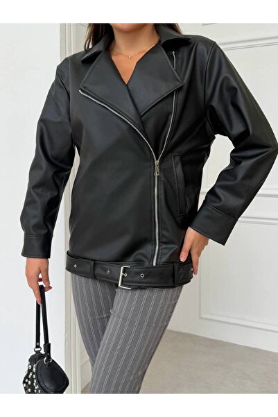 buqre's moda Oversize Women's Long Biker Leather Jacket with Hidden Pockets