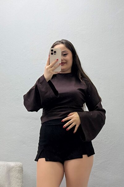 BELENDİR Women's Kimono Sleeve Stand Collar Blouse Light Brown
