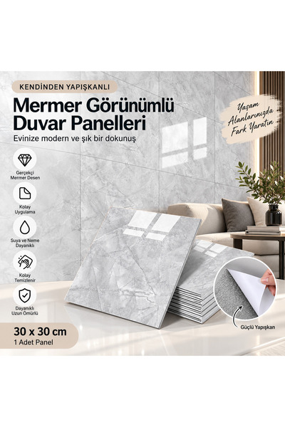 30x30 cm Gri Mermer Desenli Plastik Duvar Sticker - Su, Yağ ve Toz Geçirmez,Kolayca Temizlenir