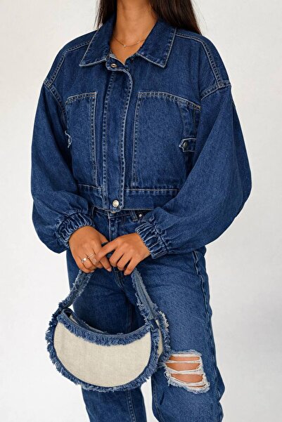 Noa&Noa Balon Sleeve Zippered Denim Jacket-Blue Blue