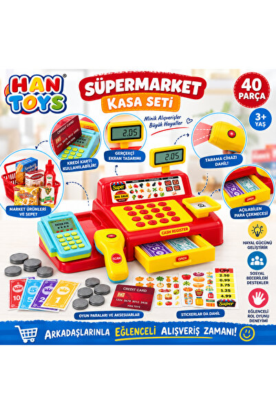 Han toys Oyuncak Süpermarket Kasa Seti 40 Parça Market Sepeti Oyun Paraları v...