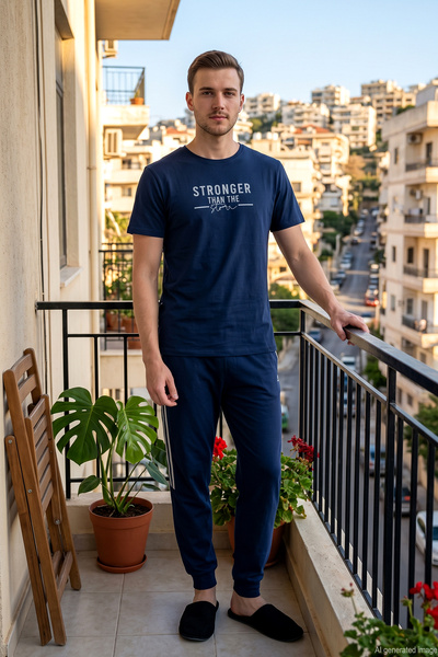 REMSA Men's Short Sleeve Combed Cotton Pajama Set 2396 Navy Blue