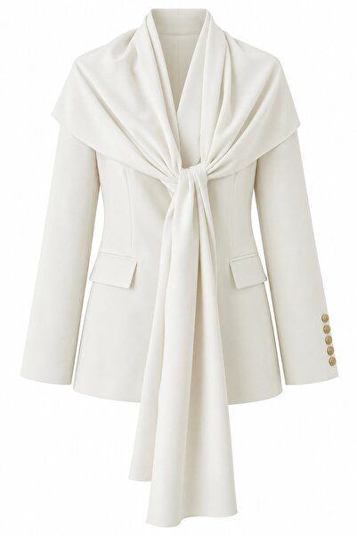 Laluvia White Gold Button Detailed Shawl Jacket - 2Y9721