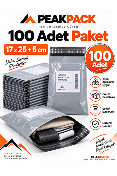 PEAKPACK Cepli Gri Kargo Poşeti 17x25+5 cm 100 Adet Kendinden Yapışkanlı
