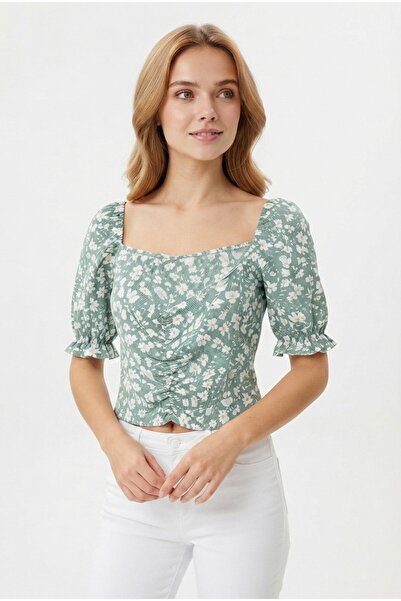 GurkStore Women's Floral Patterned Square Neck Front Gathered Short Sleeve St...