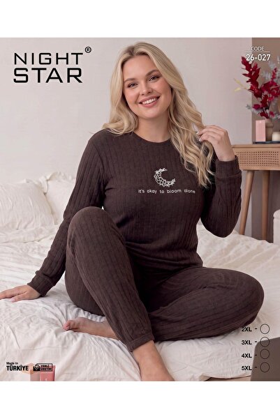 Night Star طقم بيجامة روما قطنية محبوكة مطبوعة باللون البني مقاس كبير