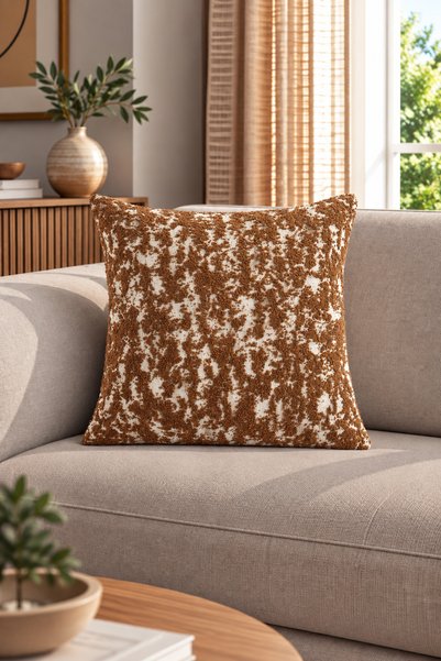 texta home deco Patina Kabartmalı Dokuma Kırlent Kılıfı Kahverengi - 45x45 cm