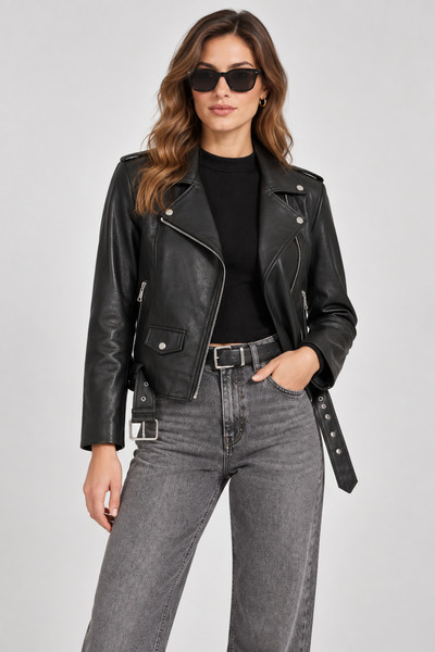 Basics&More Basics & More Kadın Biker Hakiki Deri Ceket Kemerli Fermuarlı Bel...