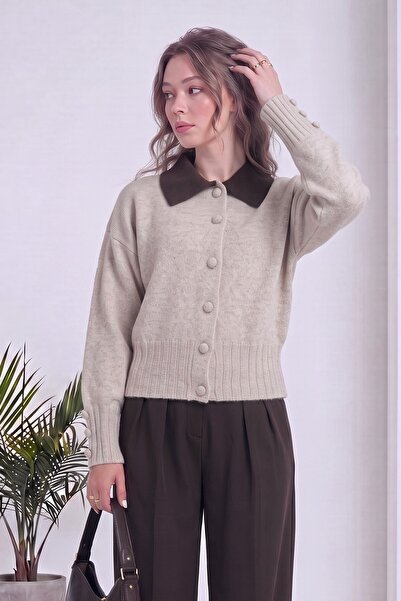 zks grup tekstil Women's Shirt Collar Buttoned Knitwear Cardigan Beige, Burgu...