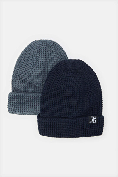 REDTAG Men Grey And Black Plain Knitted Cap Set (2 Piece)