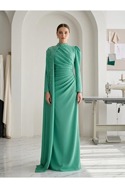 sozan Cape Detailed Dress with Pearl Detail Evening Gown
